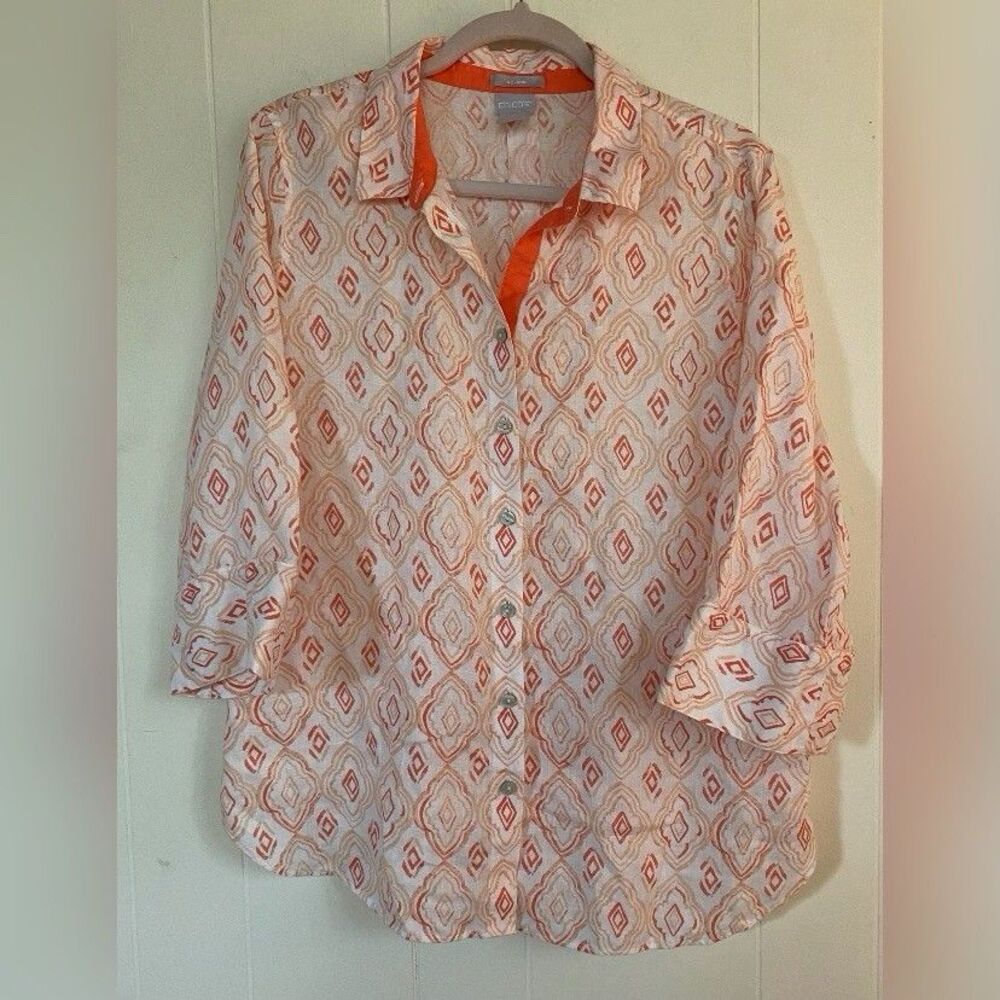 Chico’s Blouse Women’s Large Linen Orange White Southwestern